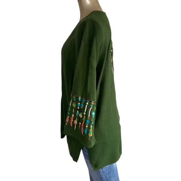 Bob Mackie Wearable Art Women Size 1X Cardigan Sweater Green Embroidered Boho - Picture 3 of 6